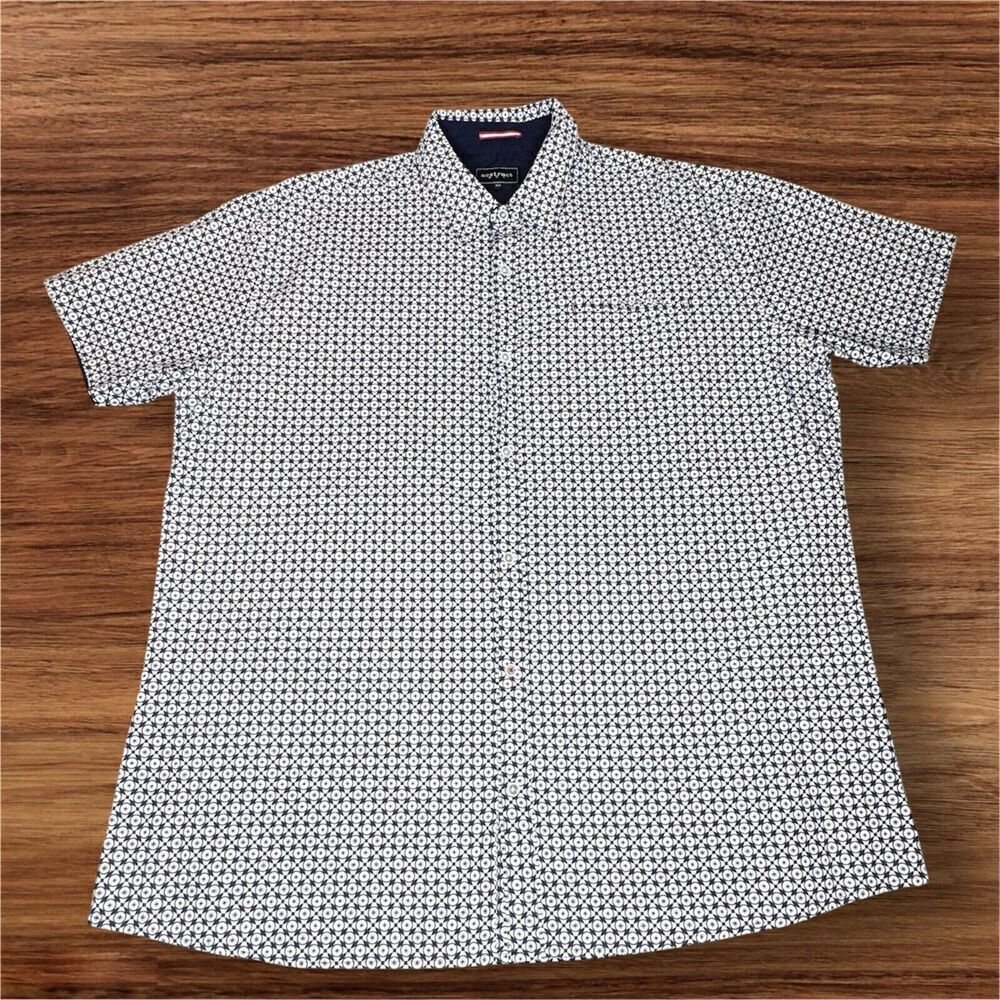 Abstract One Sz 3x Button Shirt Casual Mens Navy White Geometric Short Sleeve